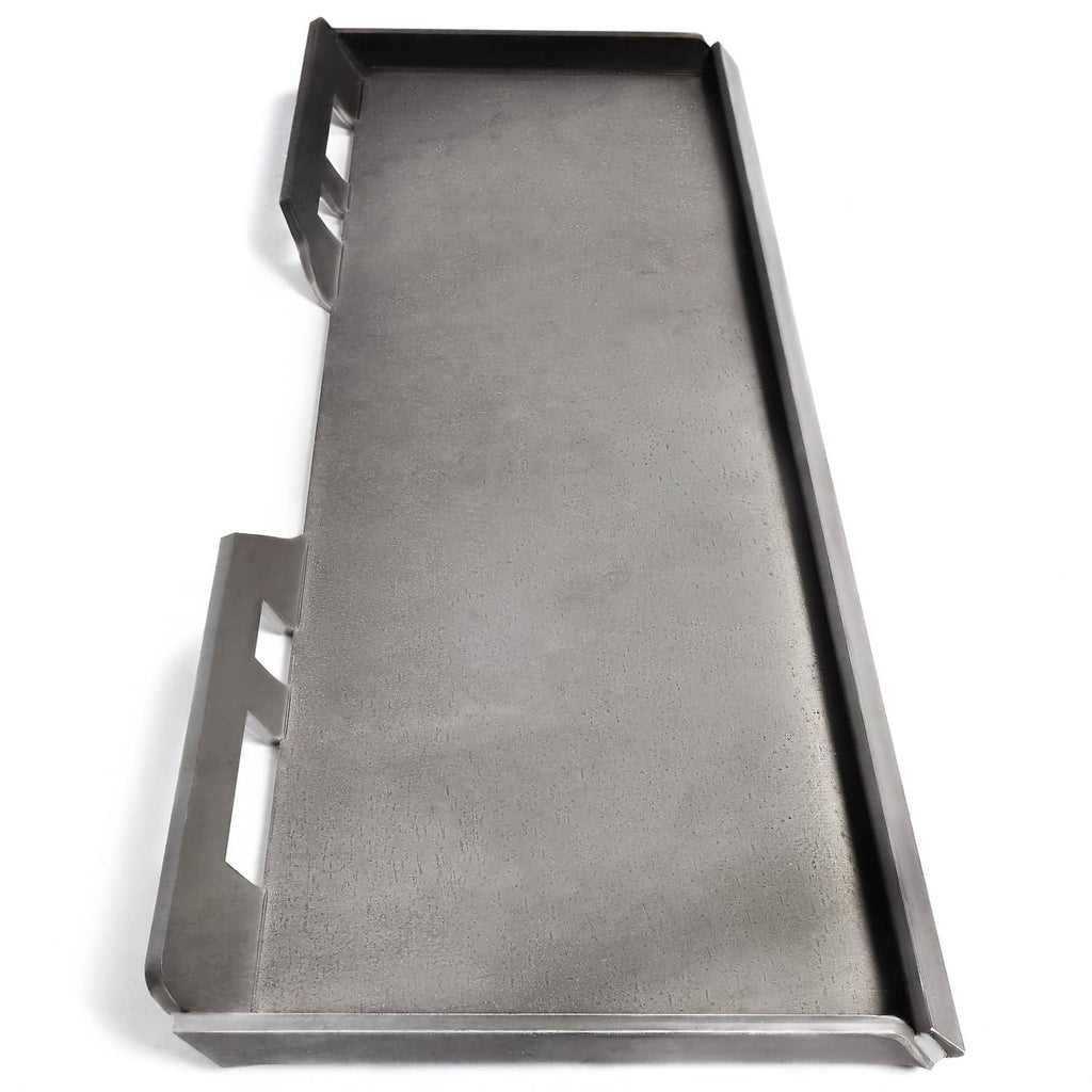 Bottom view of thick steel mount adapter plate with side tabs and slots