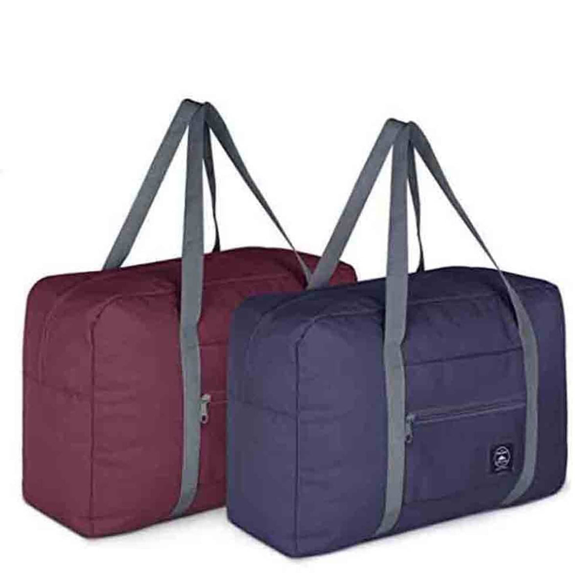 Foldable personal item duffel bag set in burgundy and navy with gray carry straps
