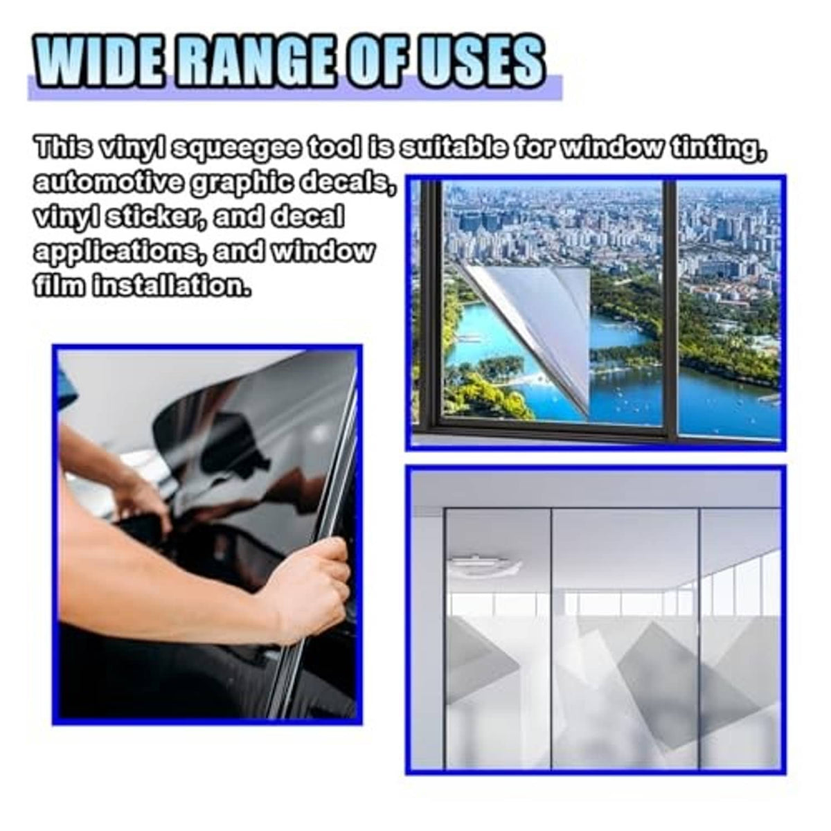 Bright green vinyl squeegee tool for window tinting, shown beside tinted window panel