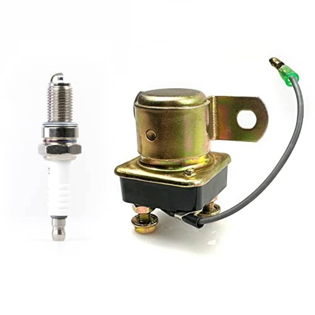Ignition coil relay with gold body, spark plug, and green-tipped wire