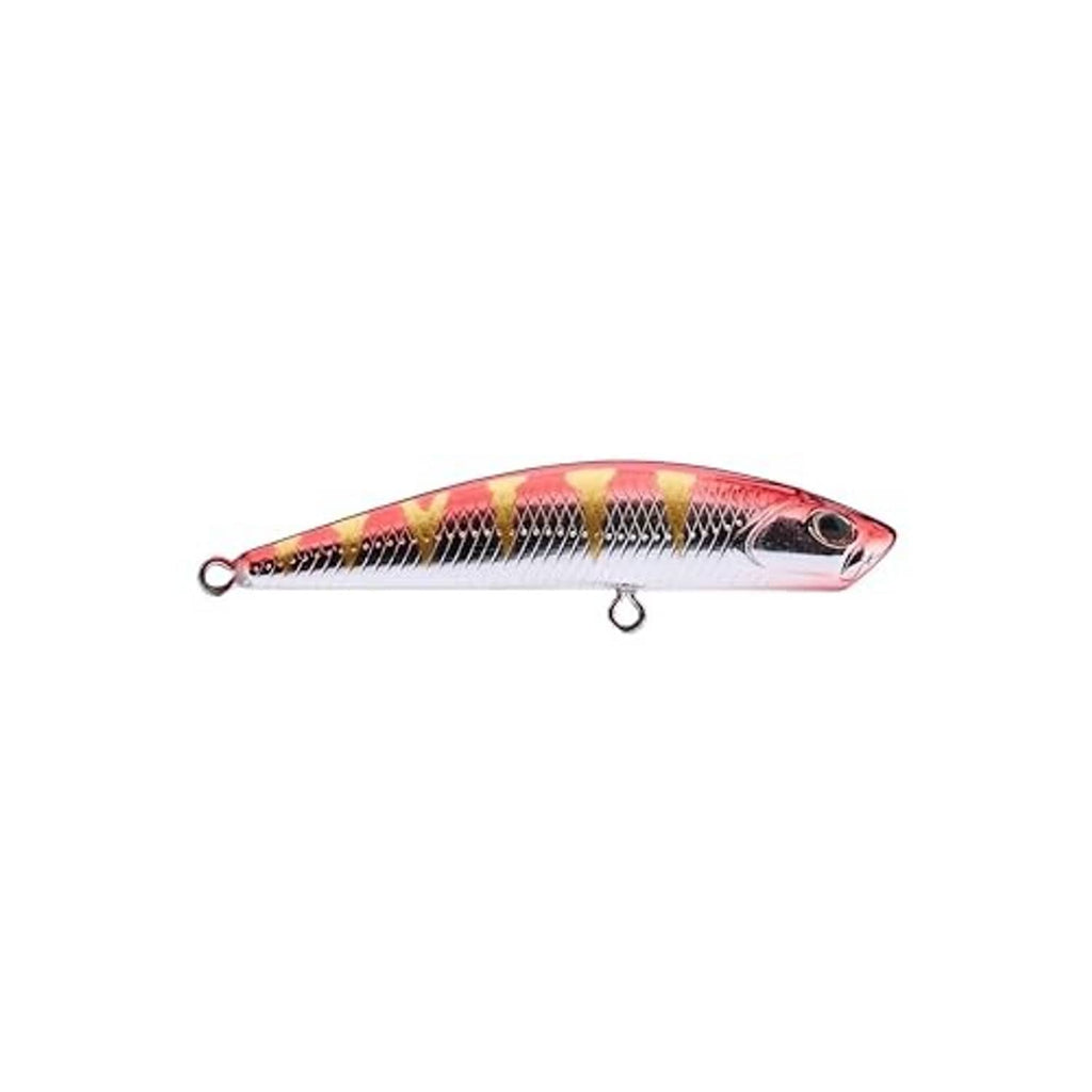 Red and silver fishing lure with belly treble hook, side profile.
