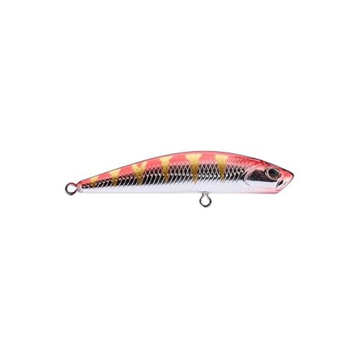 Red and silver fishing lure with belly treble hook, side profile.