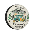 Cream spare tire cover with rim, camper graphic and 'Today’s adventures are tomorrow’s memories'