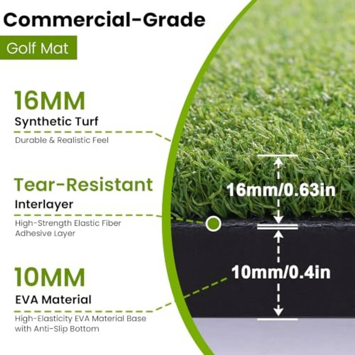 Golf mat turf cross-section showing 16mm synthetic turf on 10mm EVA base layer.