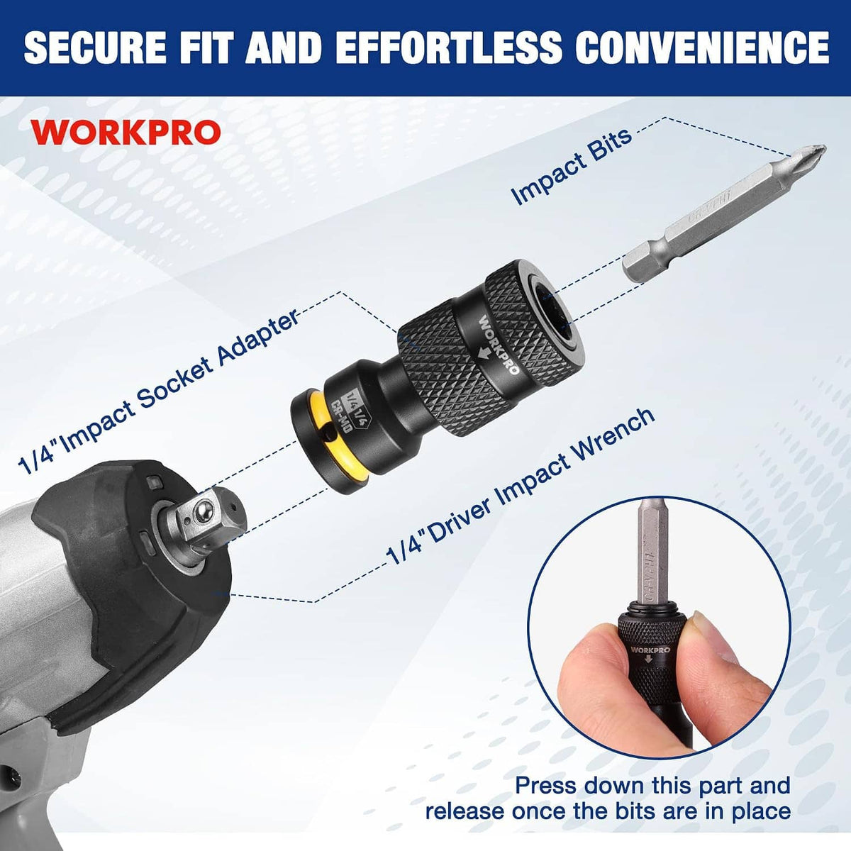 Black quick-release impact socket adapter on a driver tool, with yellow ring.