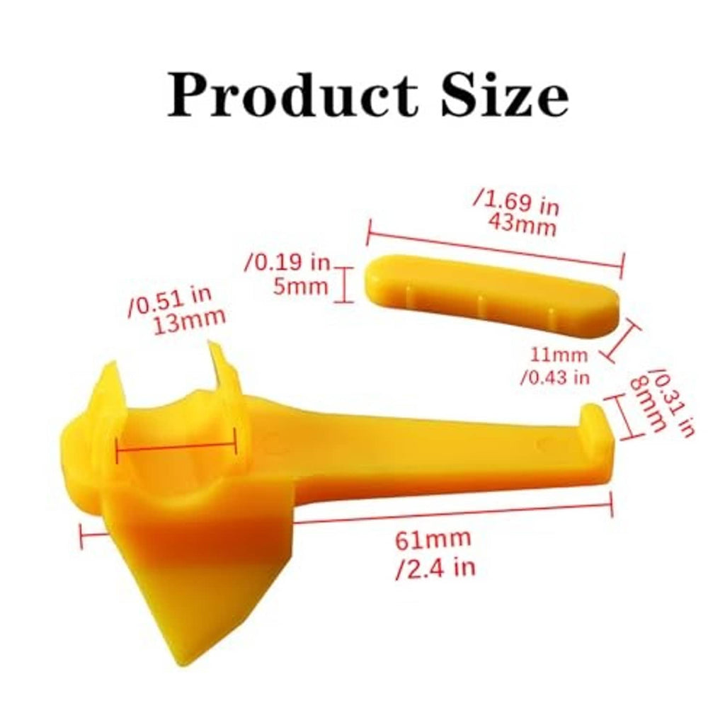 Yellow plastic tire changer insert with fork mount end and long bar; size diagram