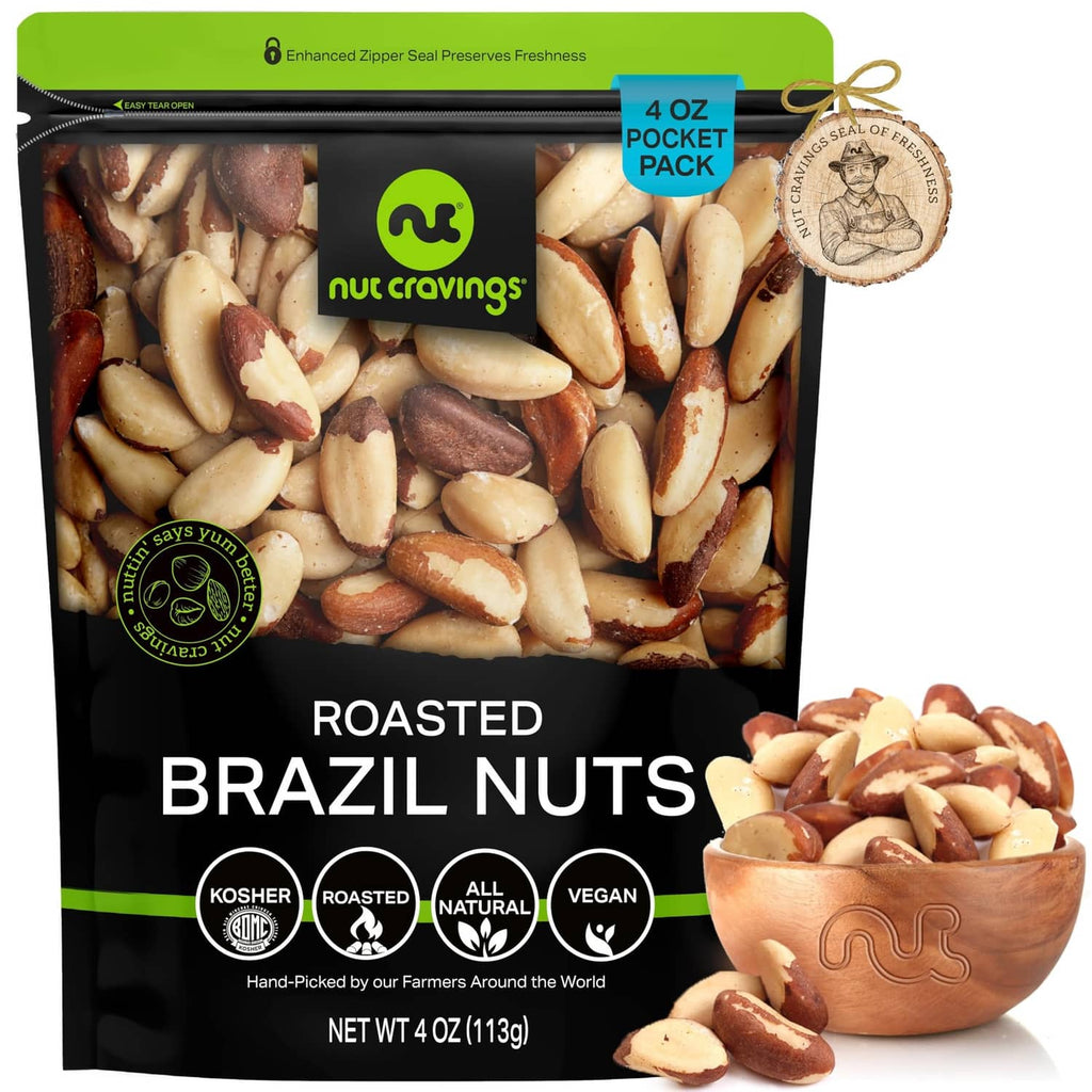 Roasted unsalted shelled Brazil nuts, 4 oz pack with nuts pictured on pouch