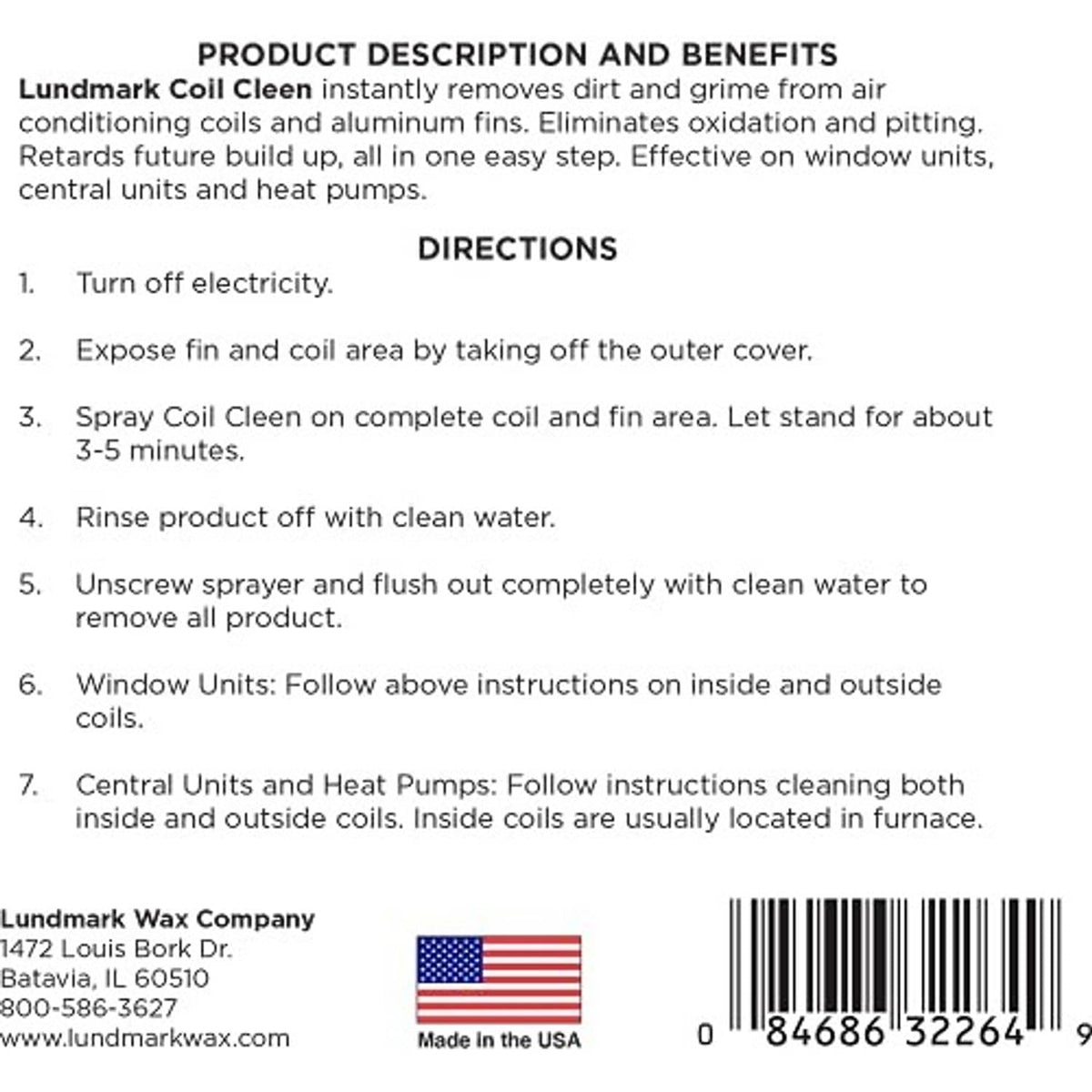 Lundmark Coil Cleen product directions and benefits label with barcode