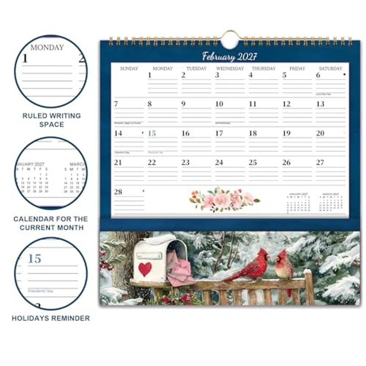 Wall calendar with pocket and ruled-writing space, February 2027 page with flowers and birds