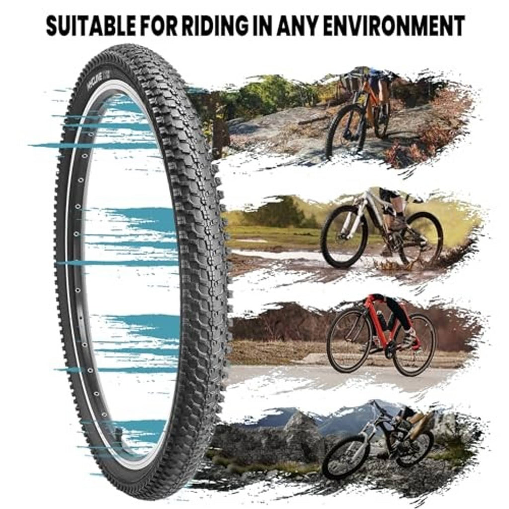 Mountain bike tire with deep off-road tread pattern and two-pack wheel profile.