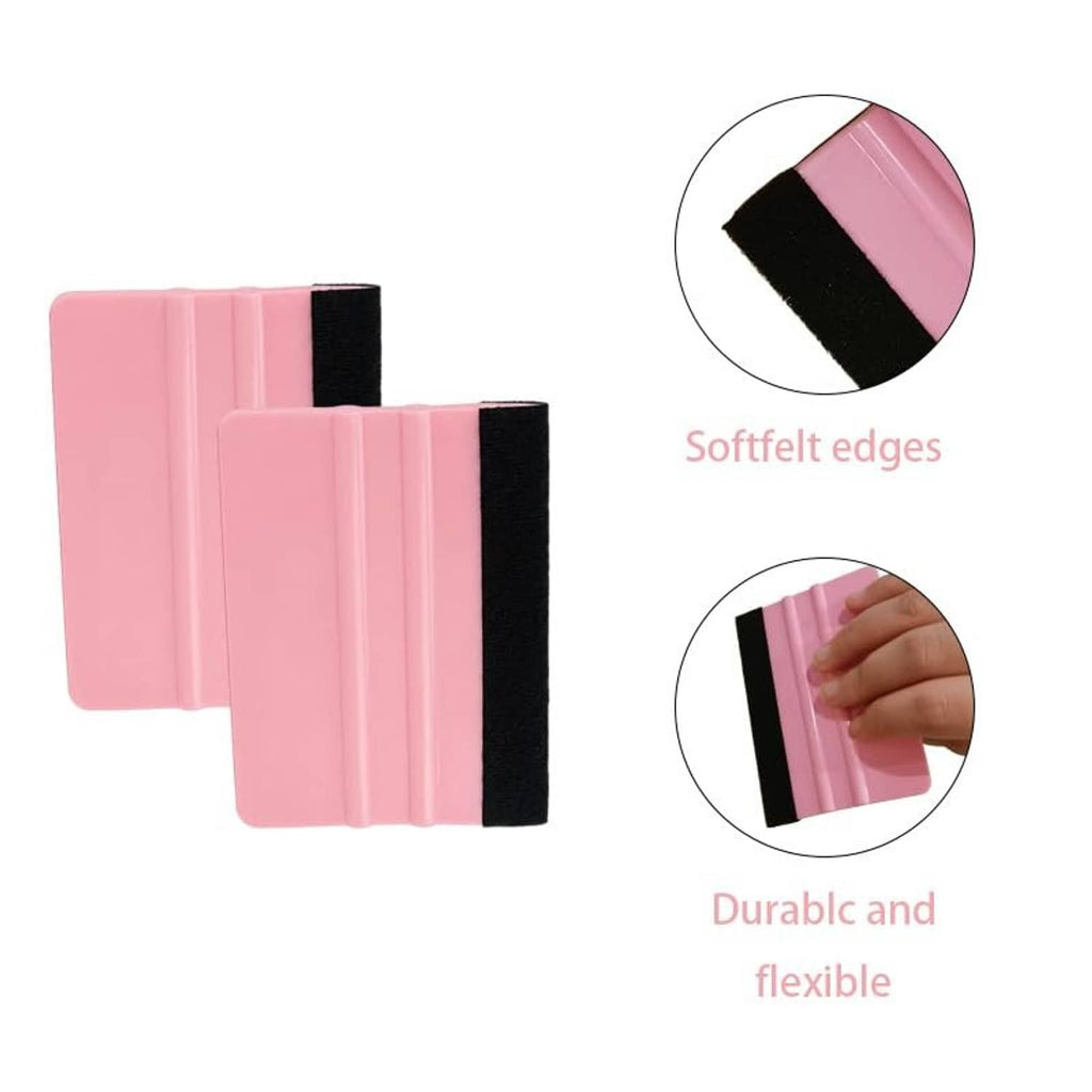 Pair of vinyl squeegee tools with pink body and black felt edges