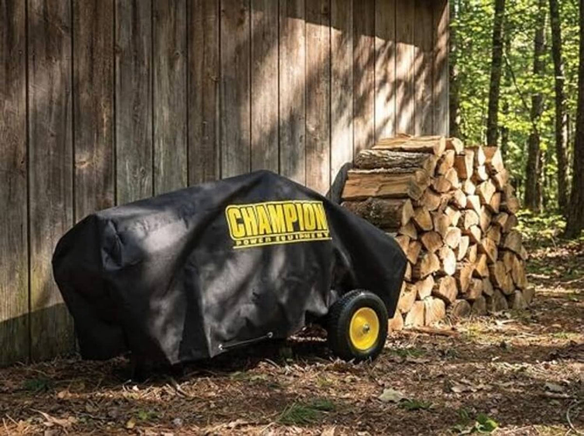 Champion weather-resistant log splitter cover, black with yellow logo on rear section