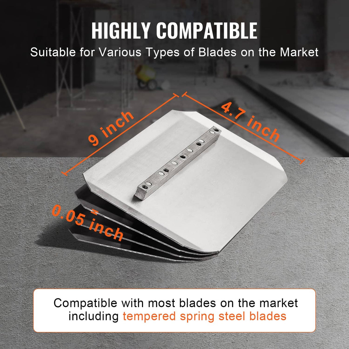 Floating trowel blade plate with multiple mounting holes and steel inserts