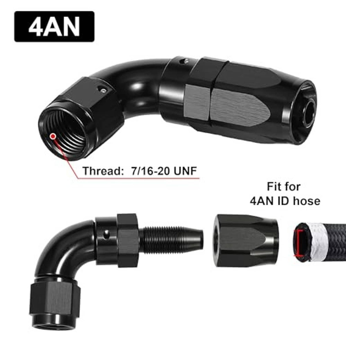 4AN 90-degree swivel hose end fitting with 7/16-20 UNF threads