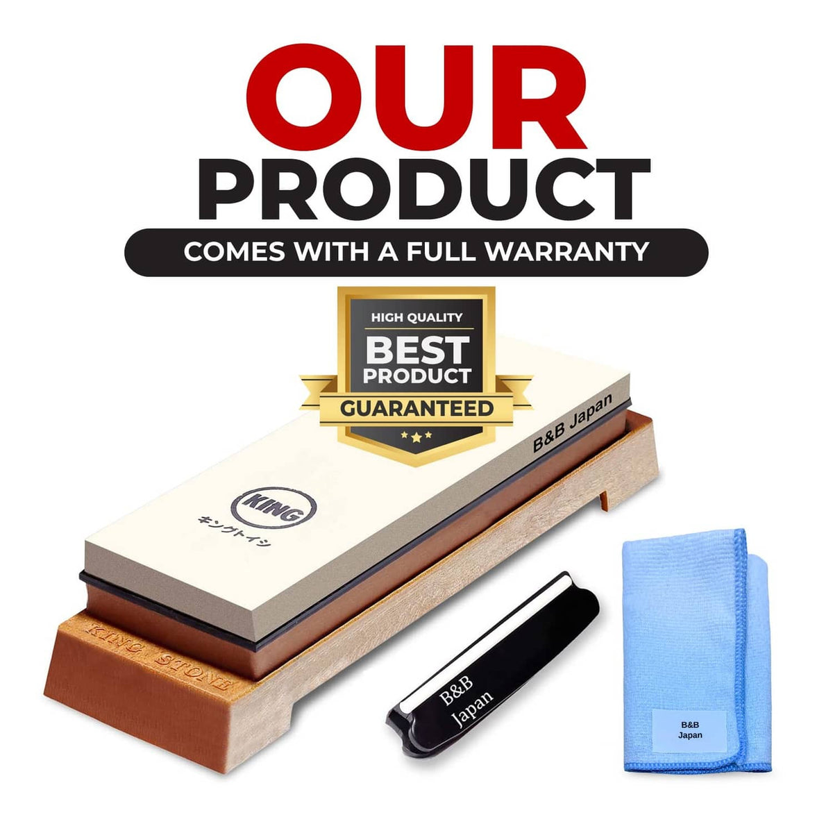 Whetstone starter set with brown whetstone, black holder, and blue polishing cloth