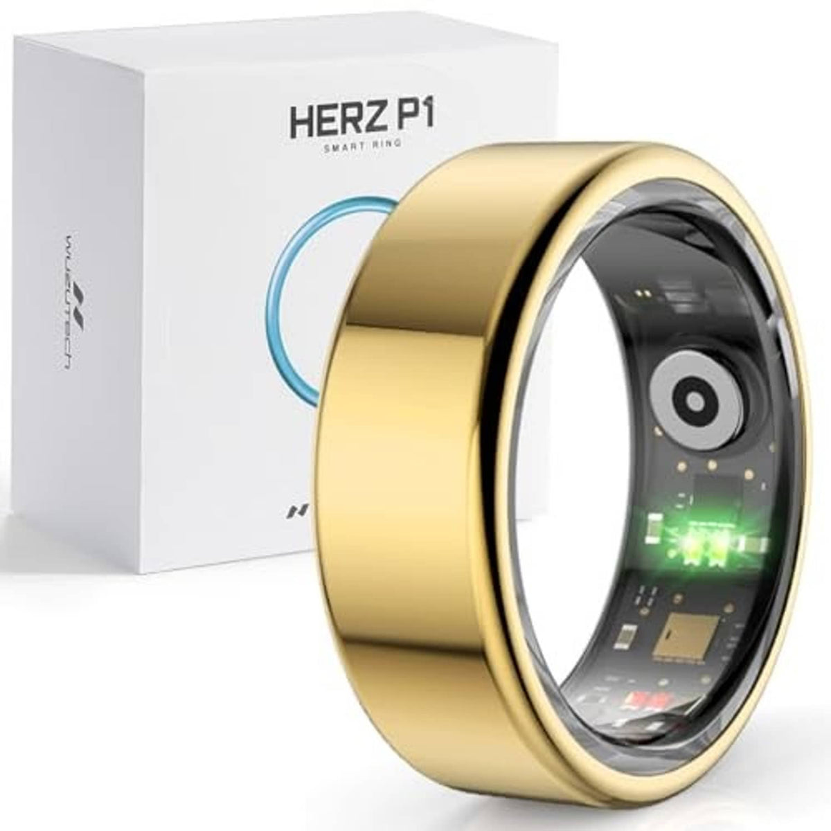 Gold smart ring with black bezel and glowing display, presented with a white box