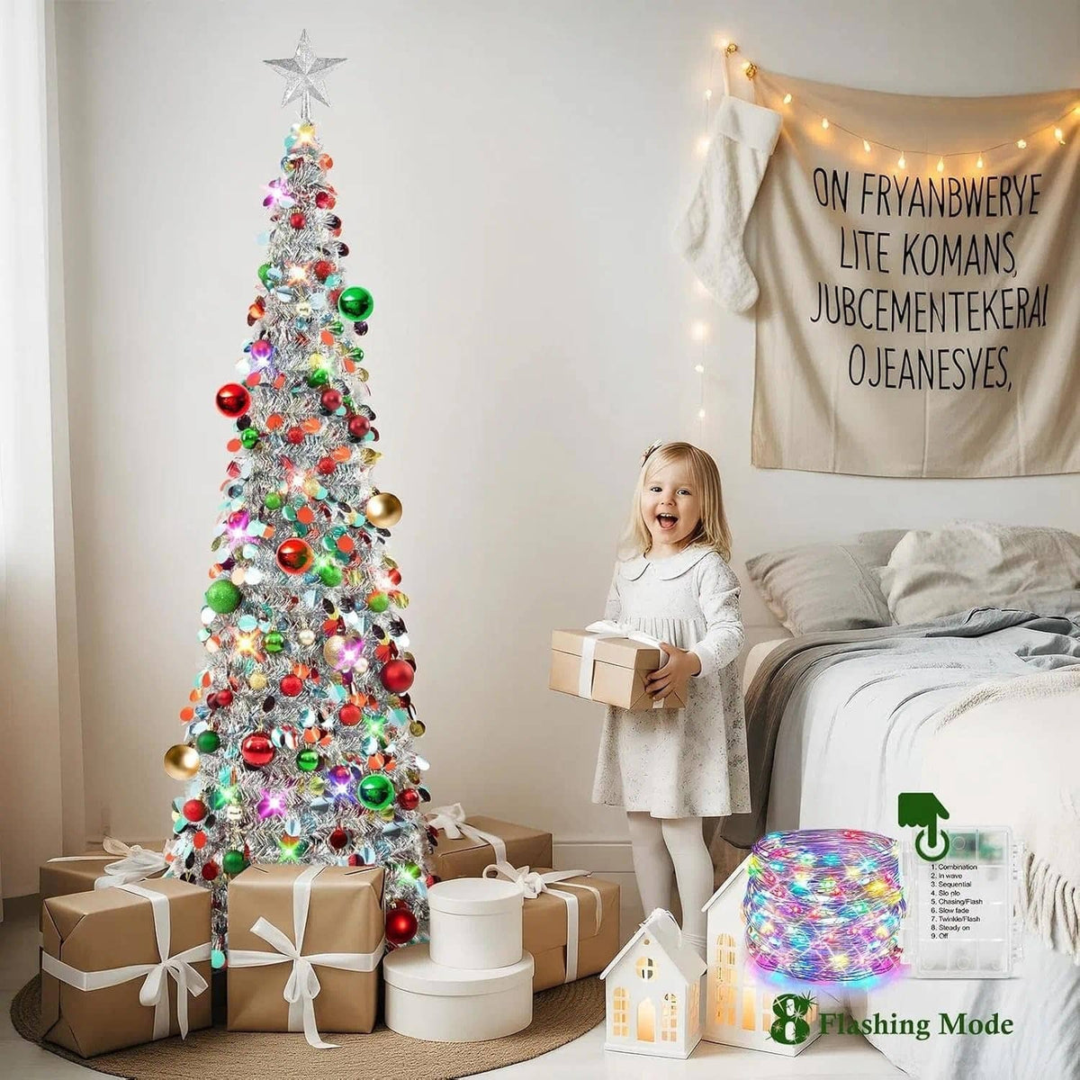 Silver tinsel pop-up Christmas tree with star topper, multicolor ornaments, and glowing LED lights