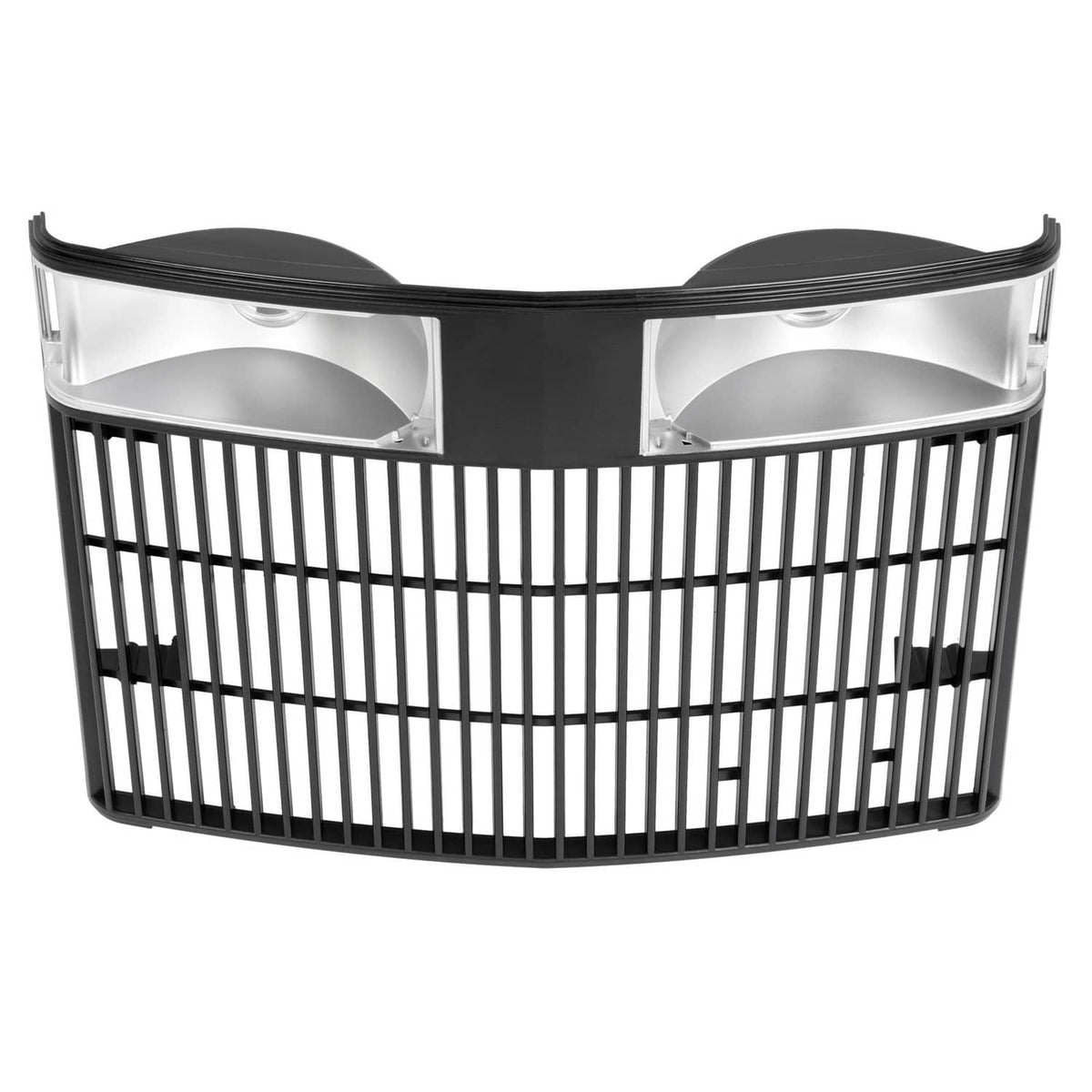 Curved tractor grille with black slat guard and silver side housings plus circular cutouts