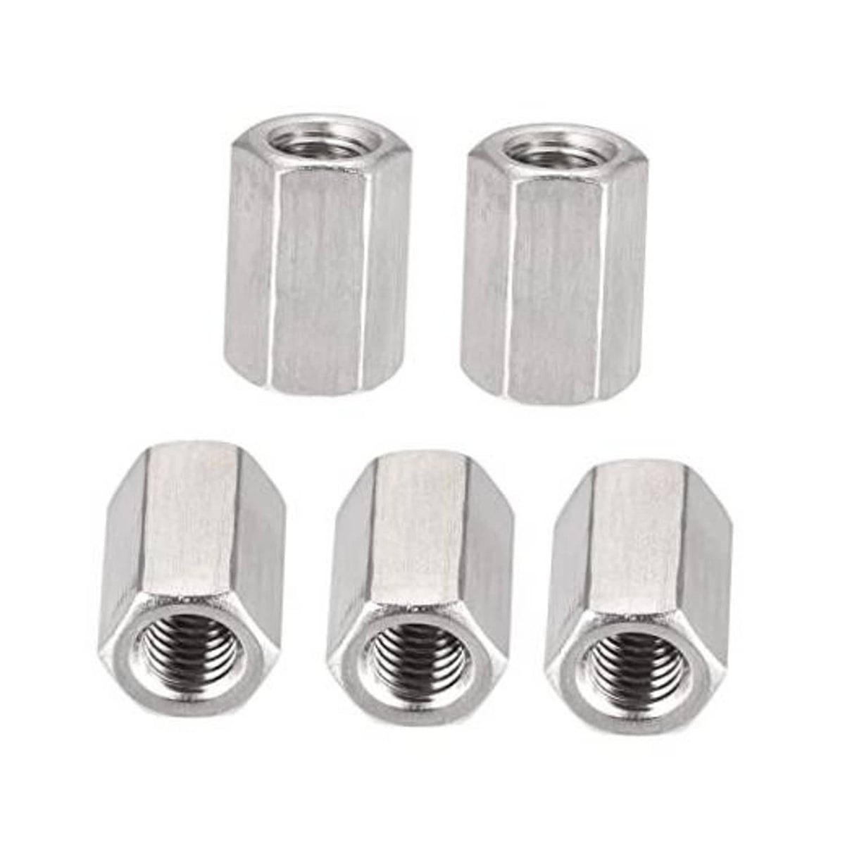 Hex coupling nuts set of 5, silver steel, visible internal threads
