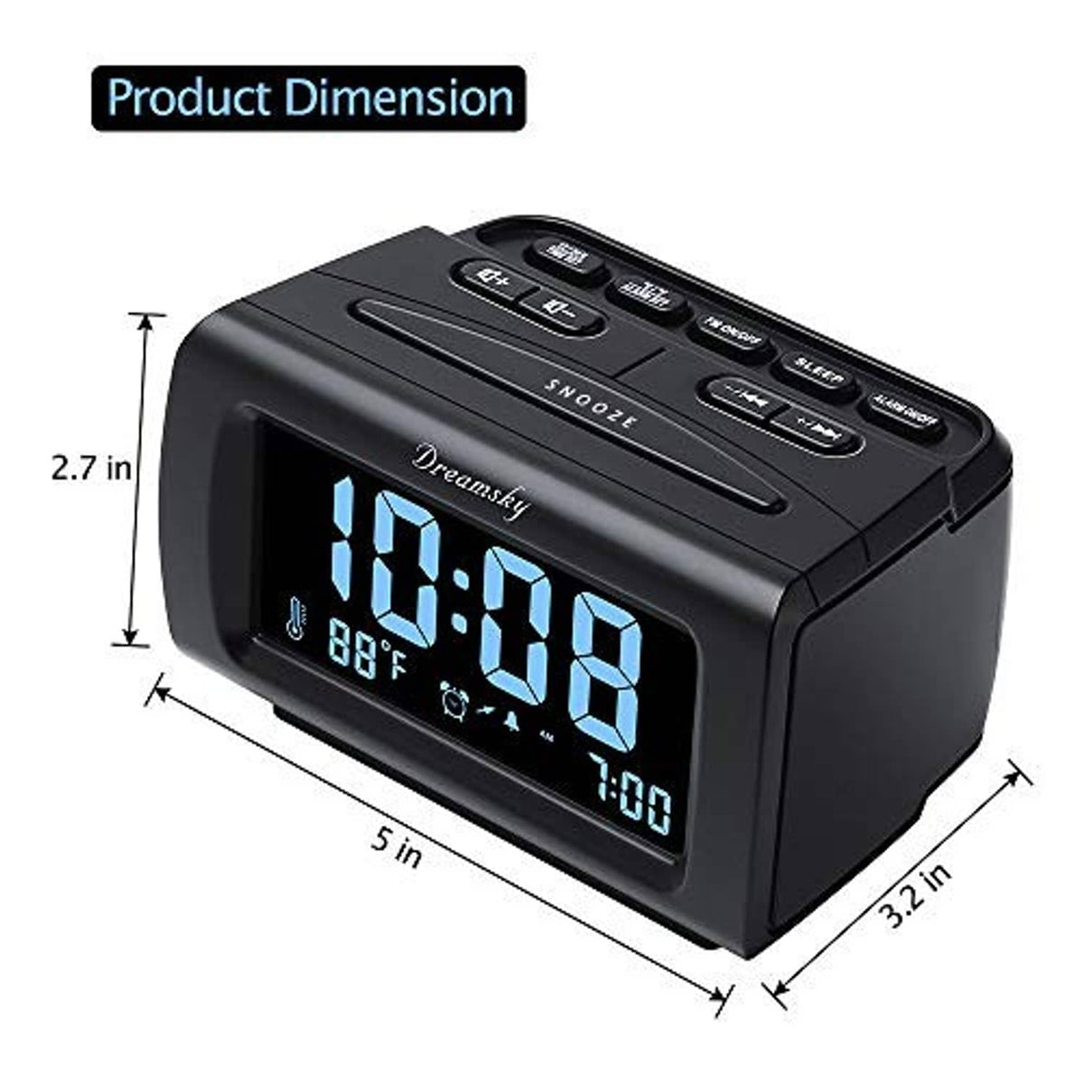 Black alarm clock radio showing blue LED display and size measurement markings