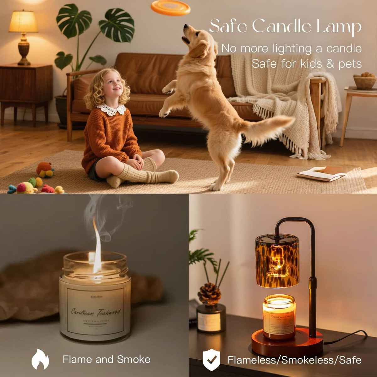 Candle warmer lamp with amber tortoise-shell glass jar and lit candle on round base