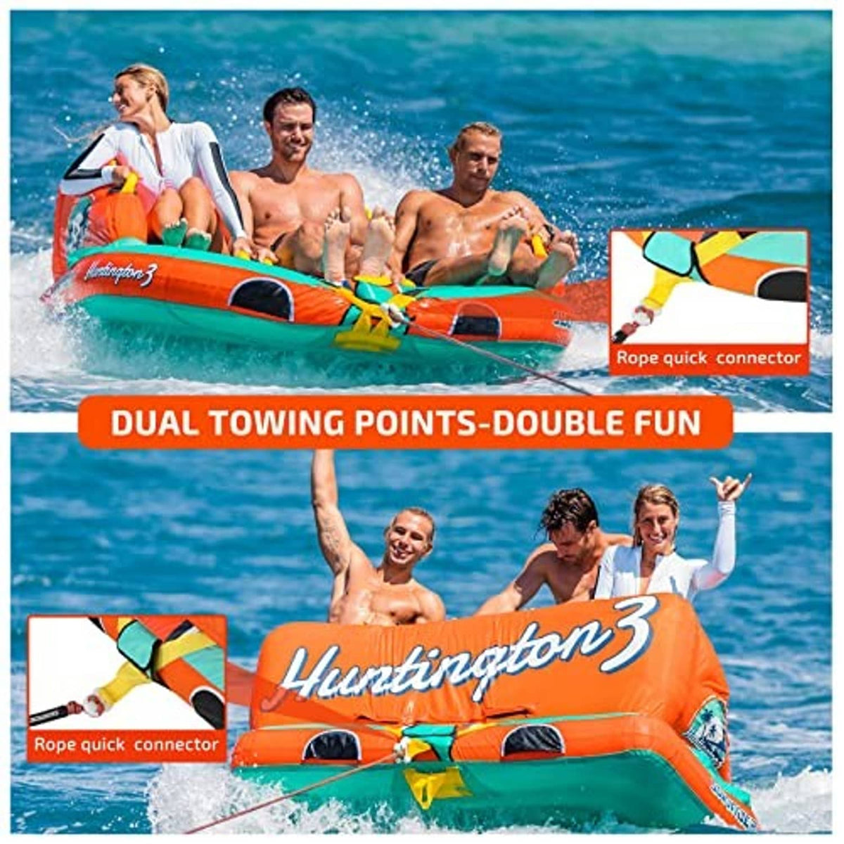 Orange-and-teal towable boat tube with dual towing points and yellow rope quick connectors