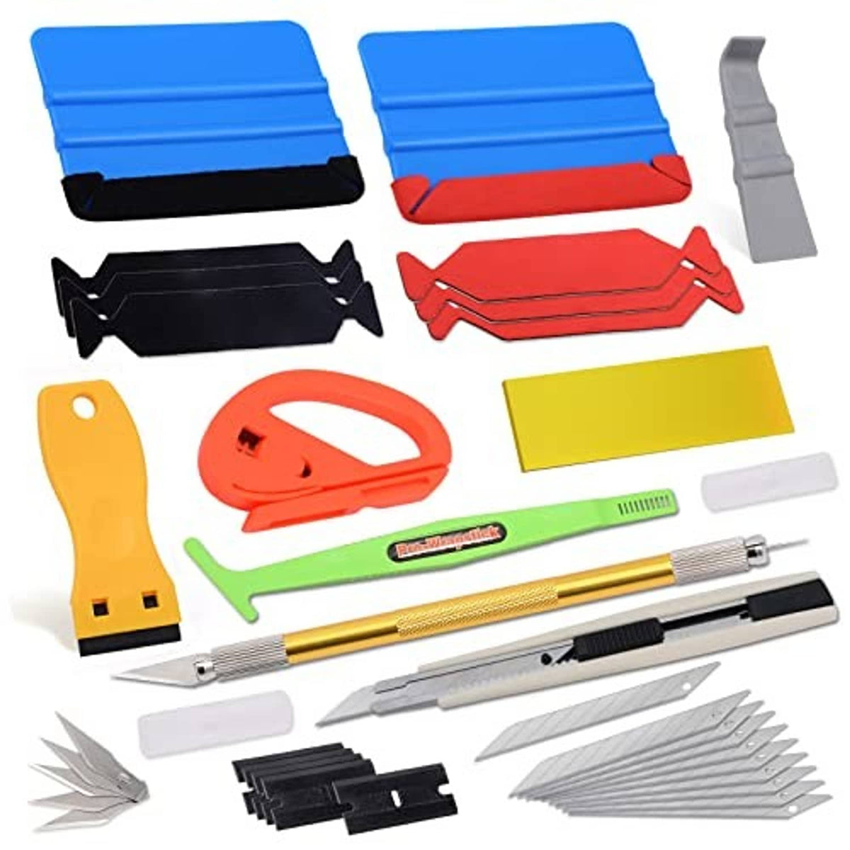 Vehicle wrap installation tool set with foam blocks, squeegees, scraper, edge guards and felt