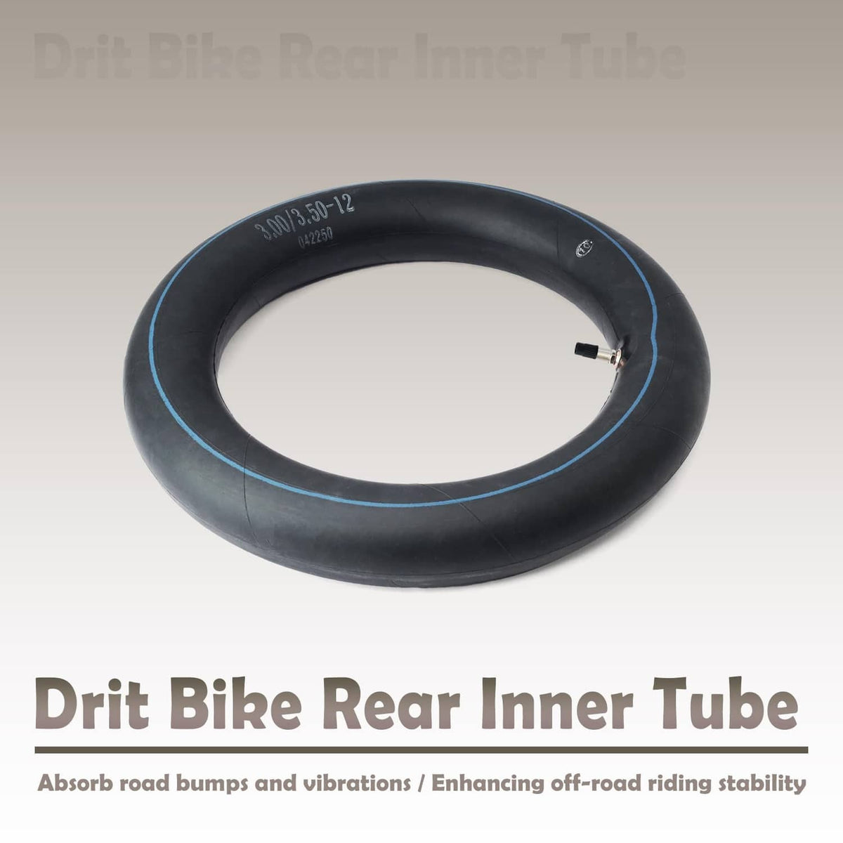 Black 12-inch rear inner tube with blue rim stripe and threaded valve stem
