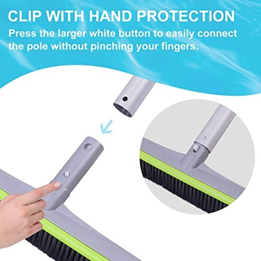 Pool brush head with clip connection and hand-protection collar, gray frame and black bristles