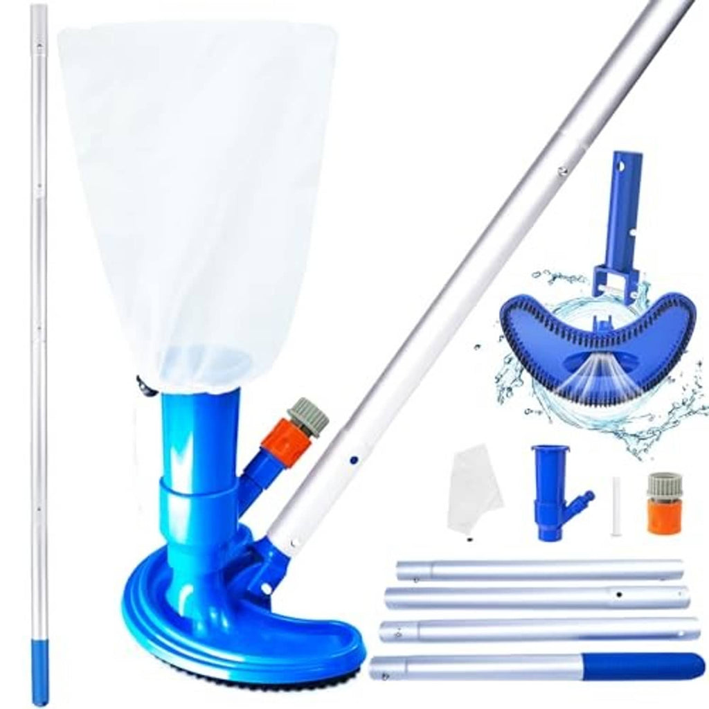 Pool vacuum cleaner with blue brush head, mesh bag, and telescopic aluminum pole