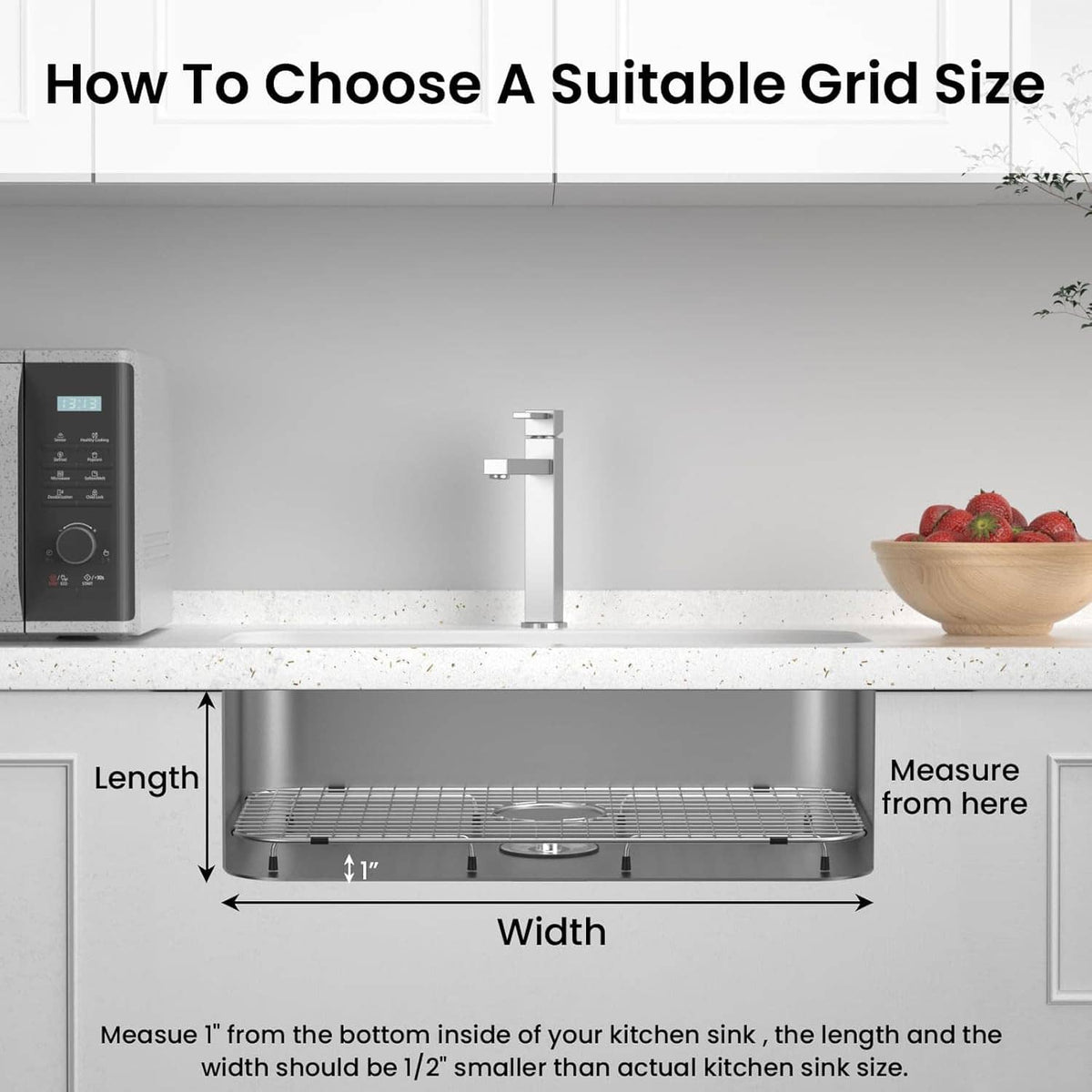 Sink bottom grid measurement guide showing length, width, and drain opening
