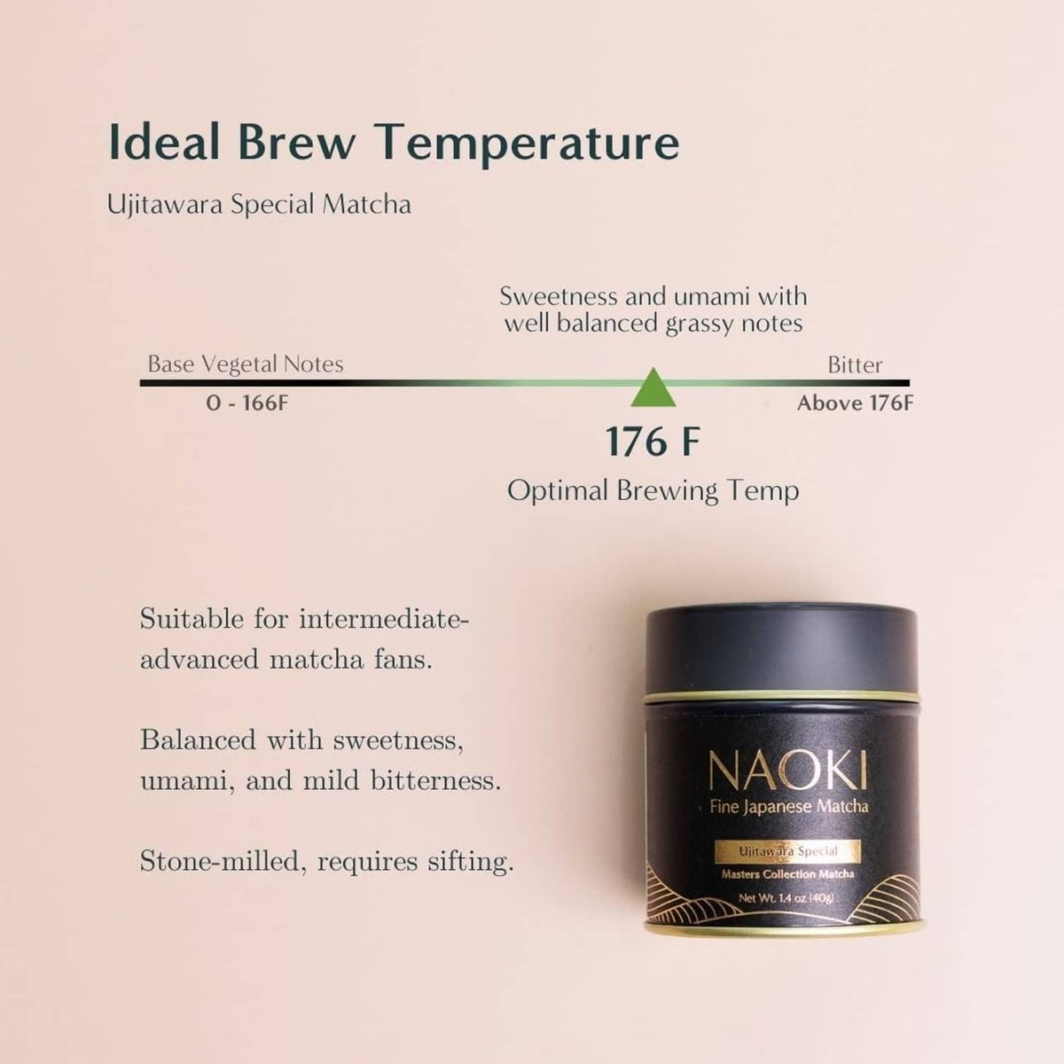 Black NAOKI matcha tin with gold rim and label