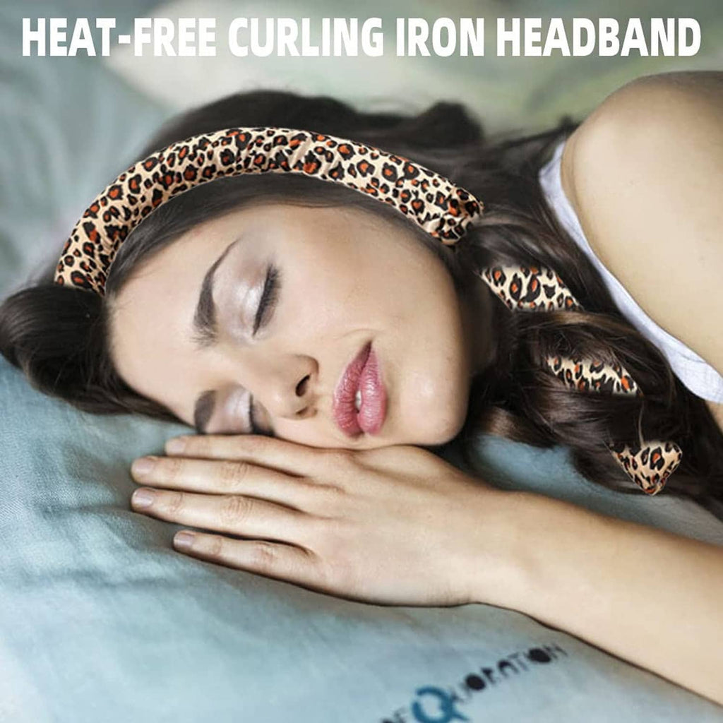 Leopard-print heatless curling headband worn on hair while sleeping