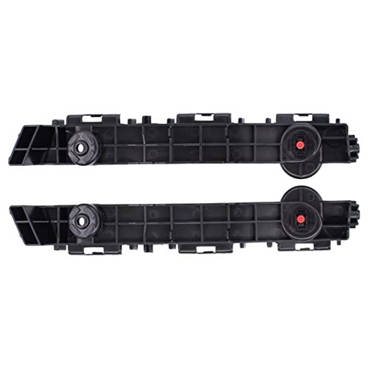 Black front bumper brackets with round mounting points and red center cap fasteners