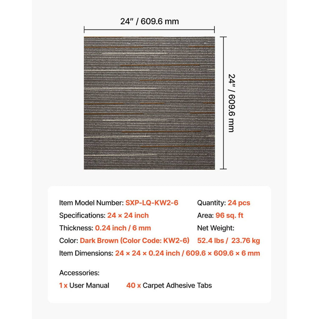 Brown 24x24 in carpet tile square with 0.24 in thickness