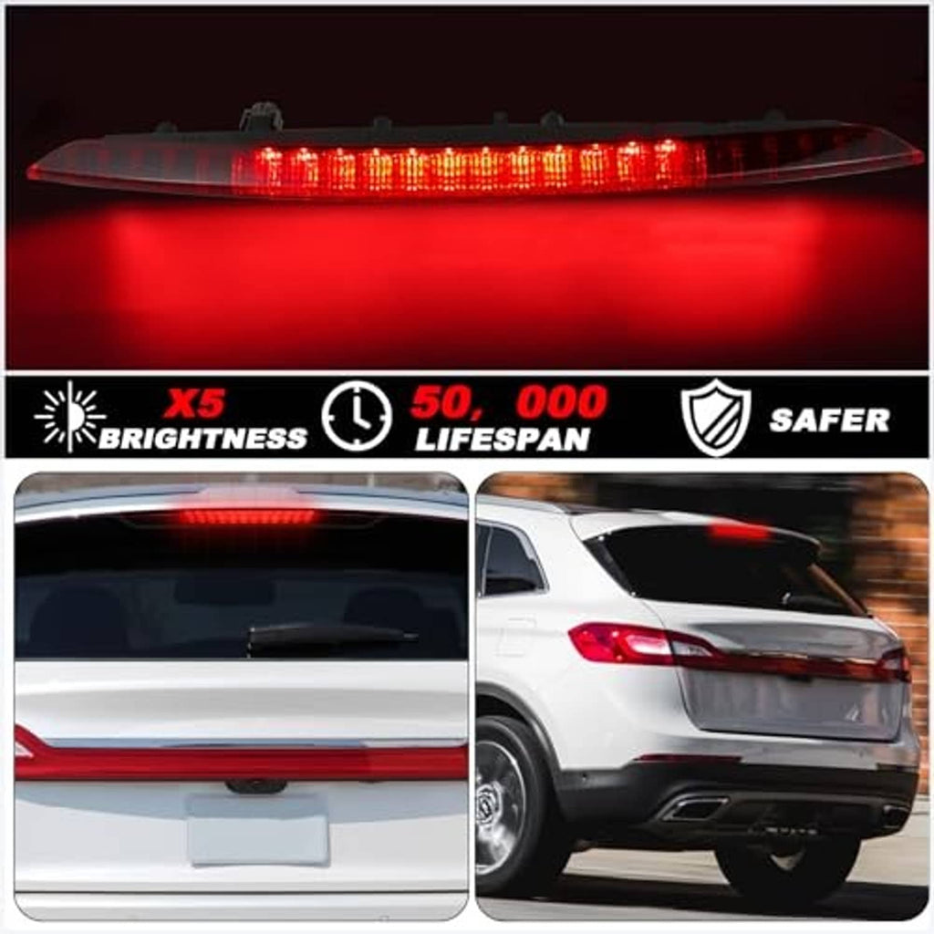 Red LED third brake light bar glowing bright, mounted in dark housing