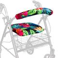Universal rollator seat and backrest covers in vibrant tropical floral print.