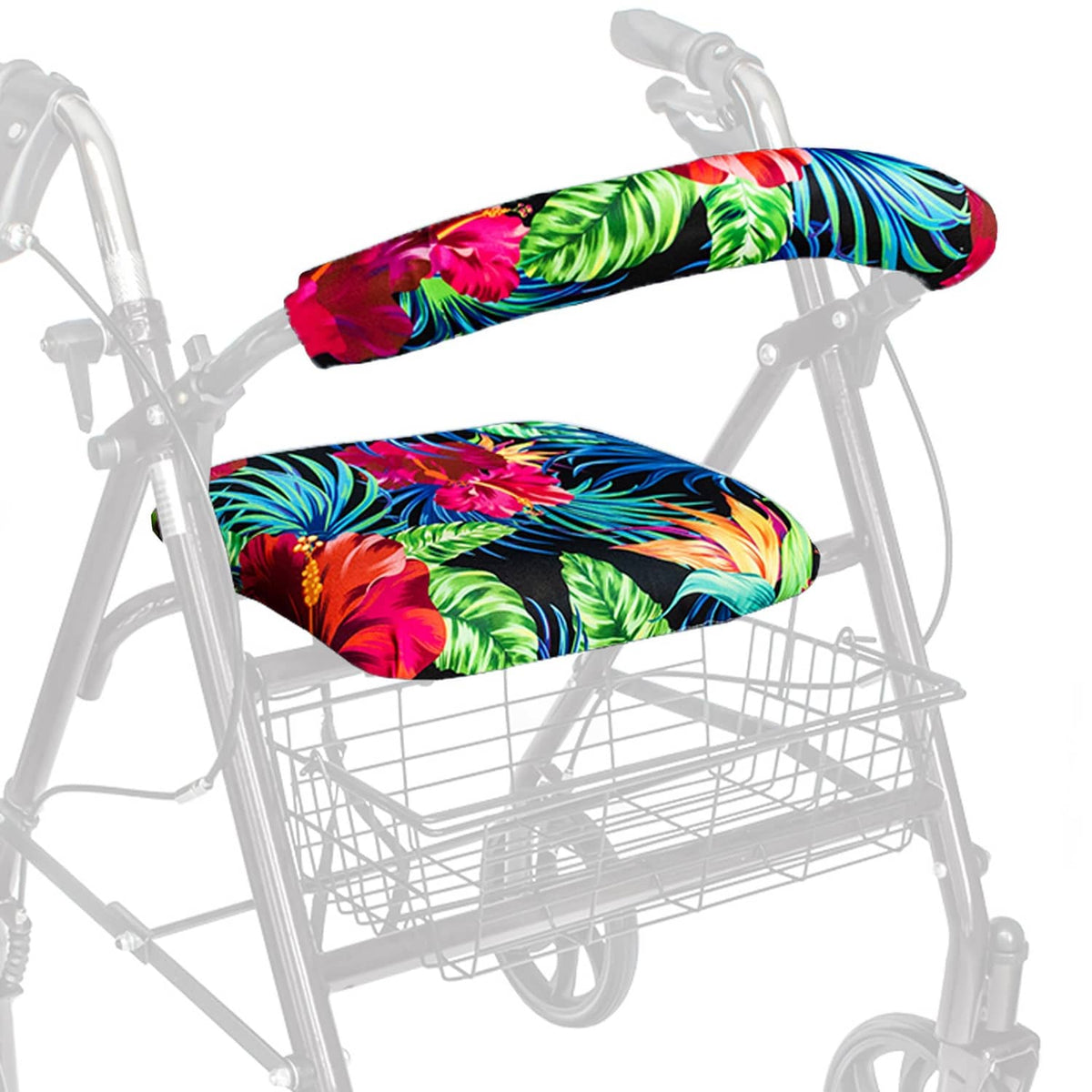 Universal rollator seat and backrest covers in vibrant tropical floral print.