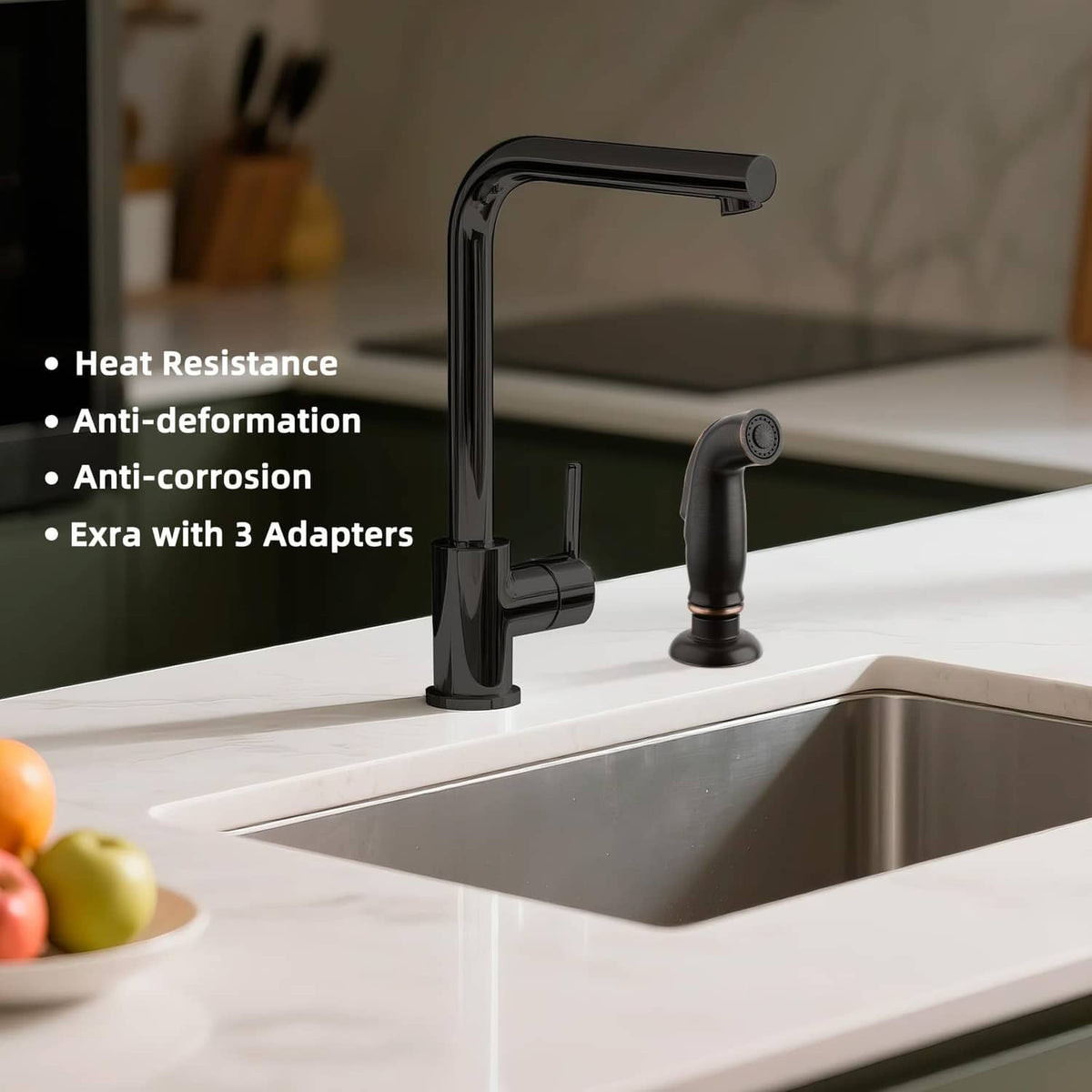 Kitchen faucet side sprayer with black pull-out wand and round spray face