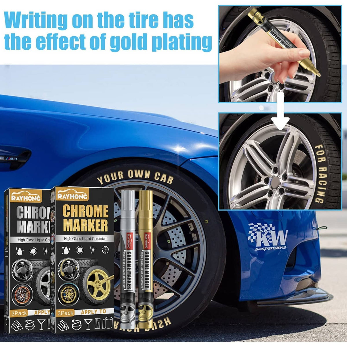 Chrome marker 3-pack with box, pens beside blue car and wheel rim application
