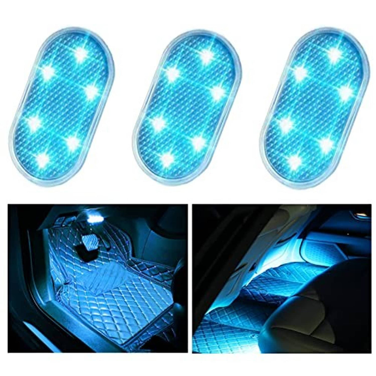 Set of three oval ice blue LED car interior lights with lit cluster