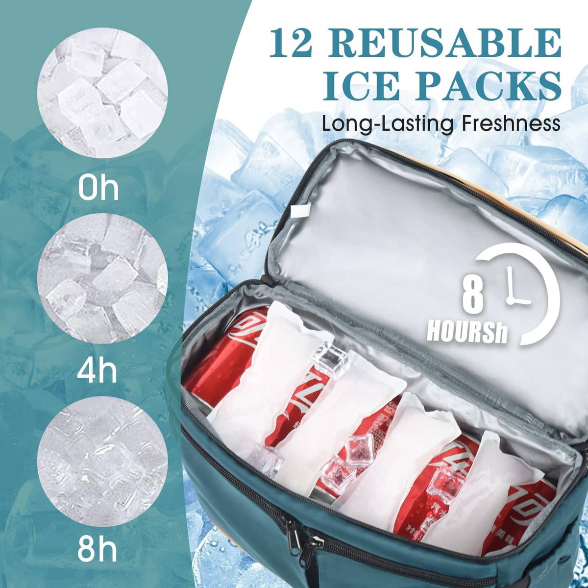 Open green backpack cooler with silver interior and ice packs in the main compartment