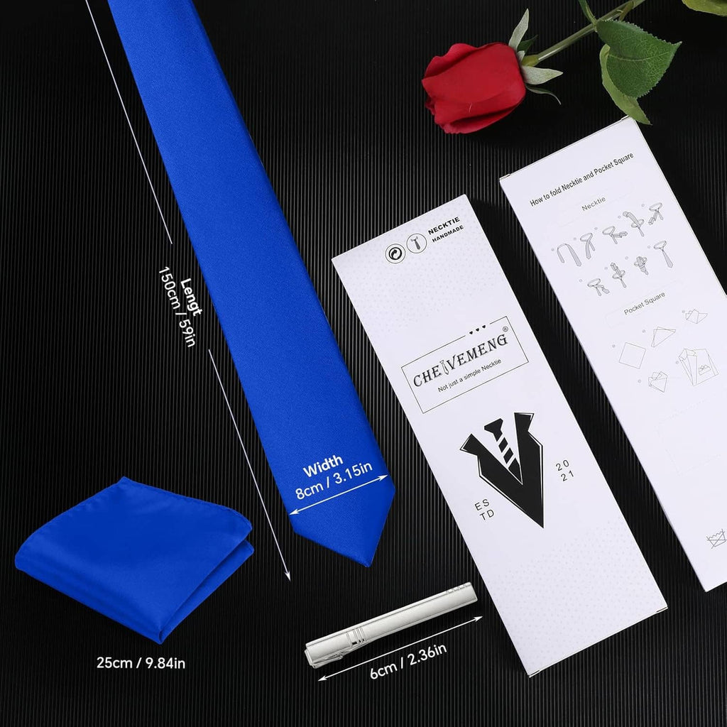 Men's blue tie set with pocket square, tie clip, and included instruction cards