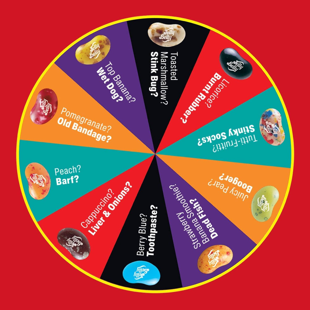 Bean Boozled spinner wheel with labeled flavor sections and colored jelly bean icons