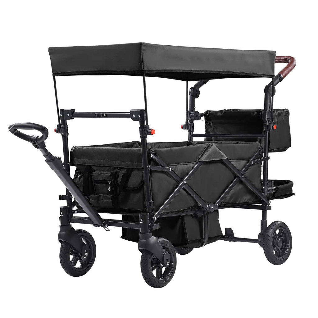 Black double stroller wagon with canopy, front safety bar, and side seat compartments.