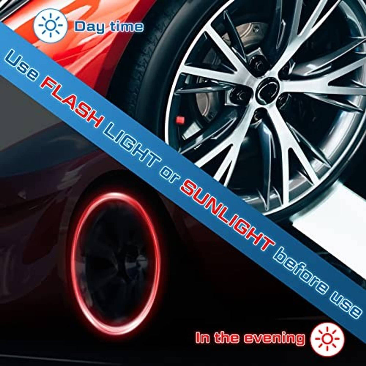 Car wheel with a red glow accent effect from glow-in-the-dark tire valve caps