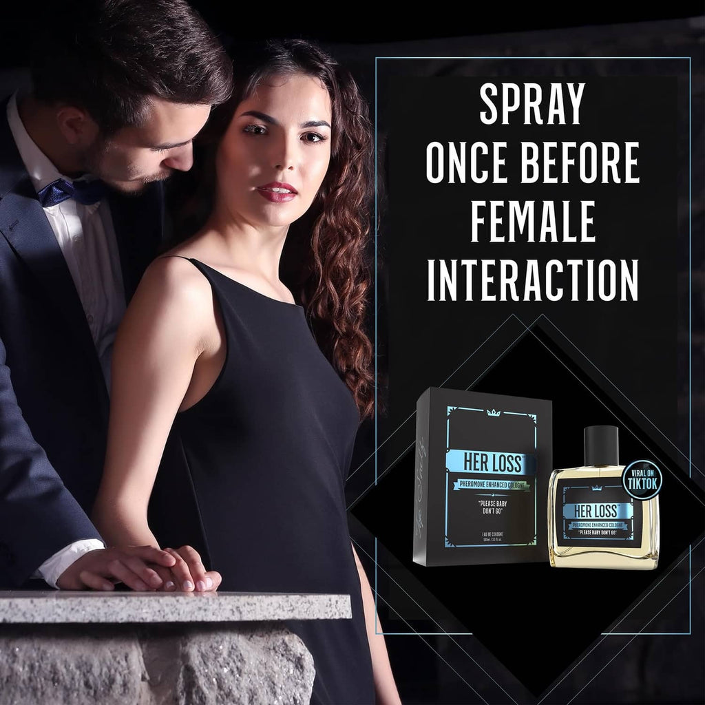 Men's pheromone cologne bottle shown with a couple, black cap and blue label