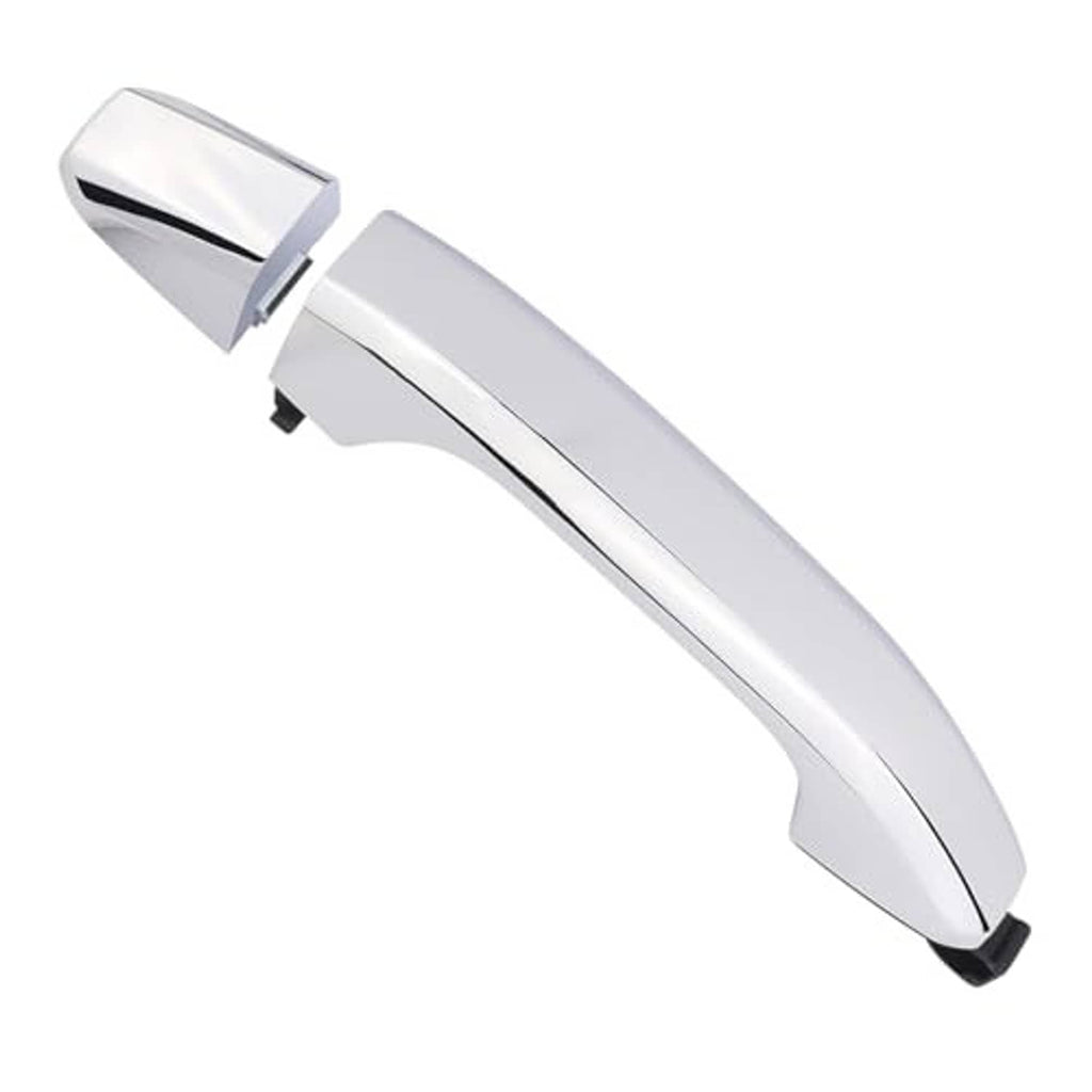 Chrome exterior door handle, sleek curved shape with black end cap