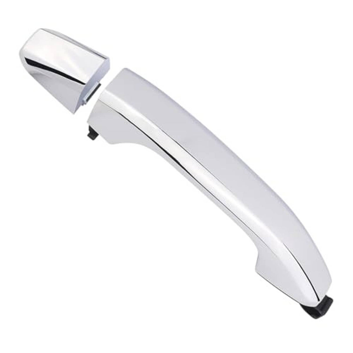 Chrome exterior door handle, sleek curved shape with black end cap