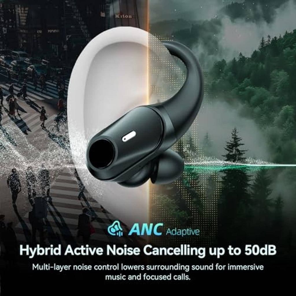 Black wireless in-ear earbud with stem and sound outlet, angled view